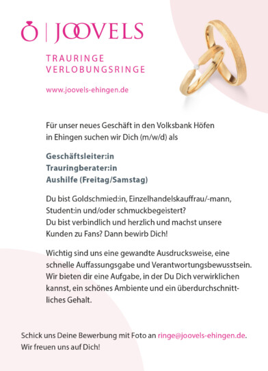 Stelleninserat Joovels Ehingen Trauringberatung