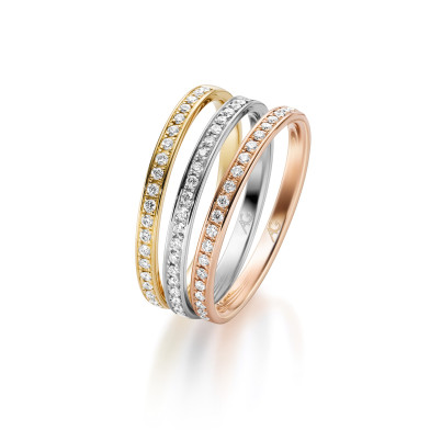 Drei rundum gefasste Memoire-Ringe aus Gelbgold, Weissgold und Roségold